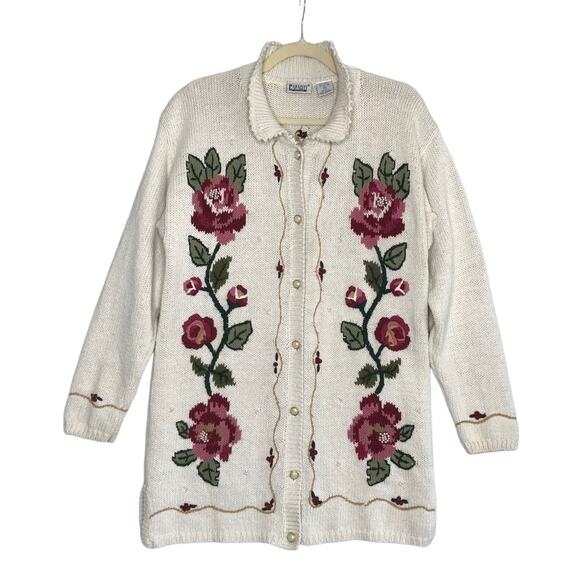 CAPACITY Embroidered Long Cardigan VTG Women M Linen/Cotton Retro Cottage Y2K - Picture 1 of 11